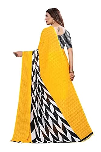 Yashika Georgette Print Saree with Blouse, Yellow, 5.5 m (18 ft) | Imported Saree for Women thumbnail 4