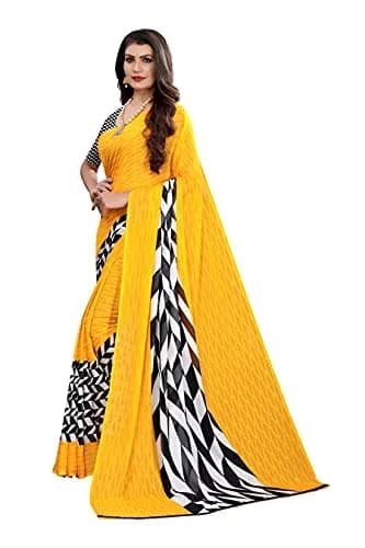 Yashika Georgette Print Saree with Blouse, Yellow, 5.5 m (18 ft) | Imported Saree for Women thumbnail 2