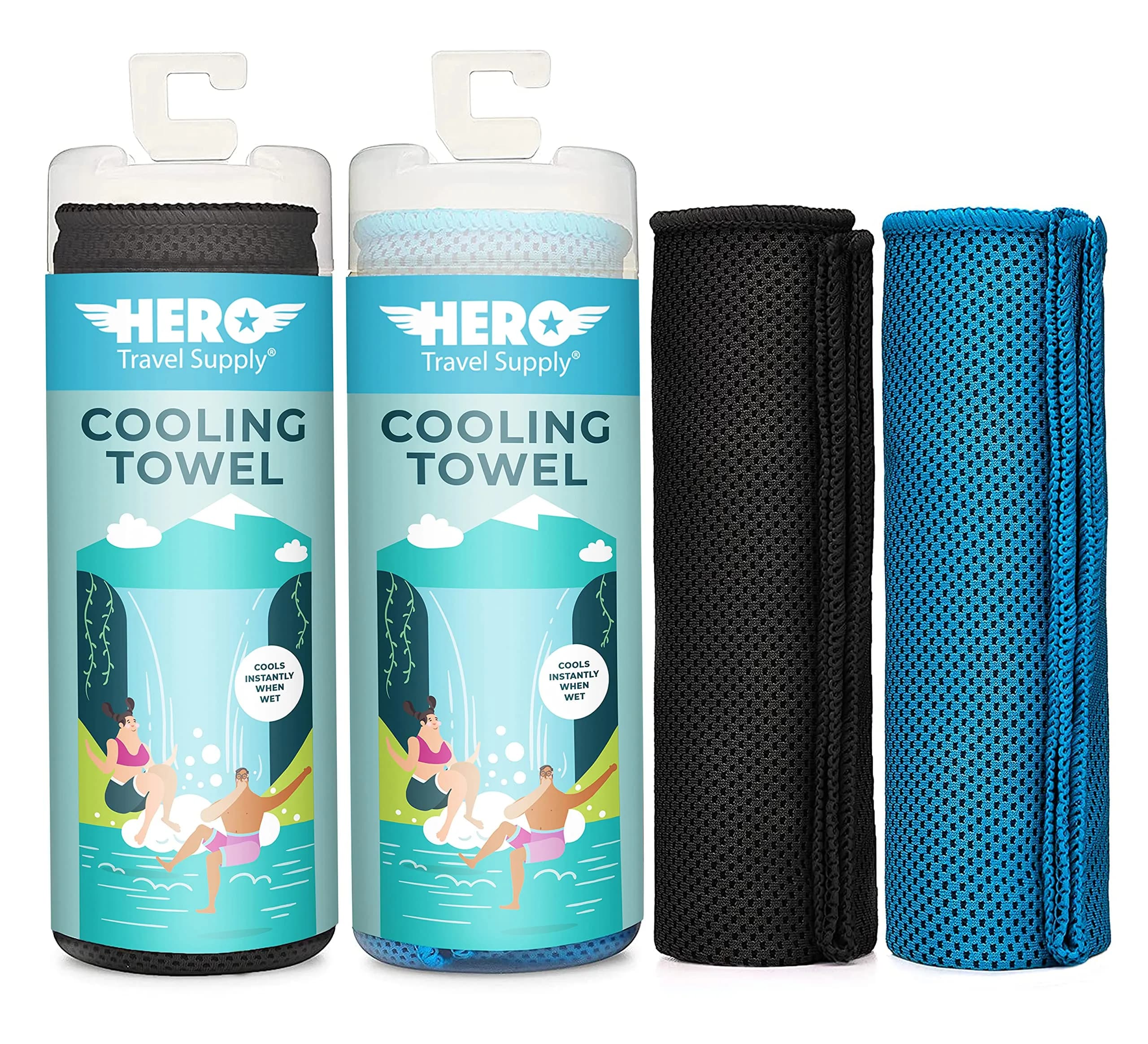 Hero Travel Supply Cooling Towels for Neck & Face (2 Pack) | Instant 30-60 Min Cooling, Microfiber, Reusable, Travel-Ready — Black/Blue