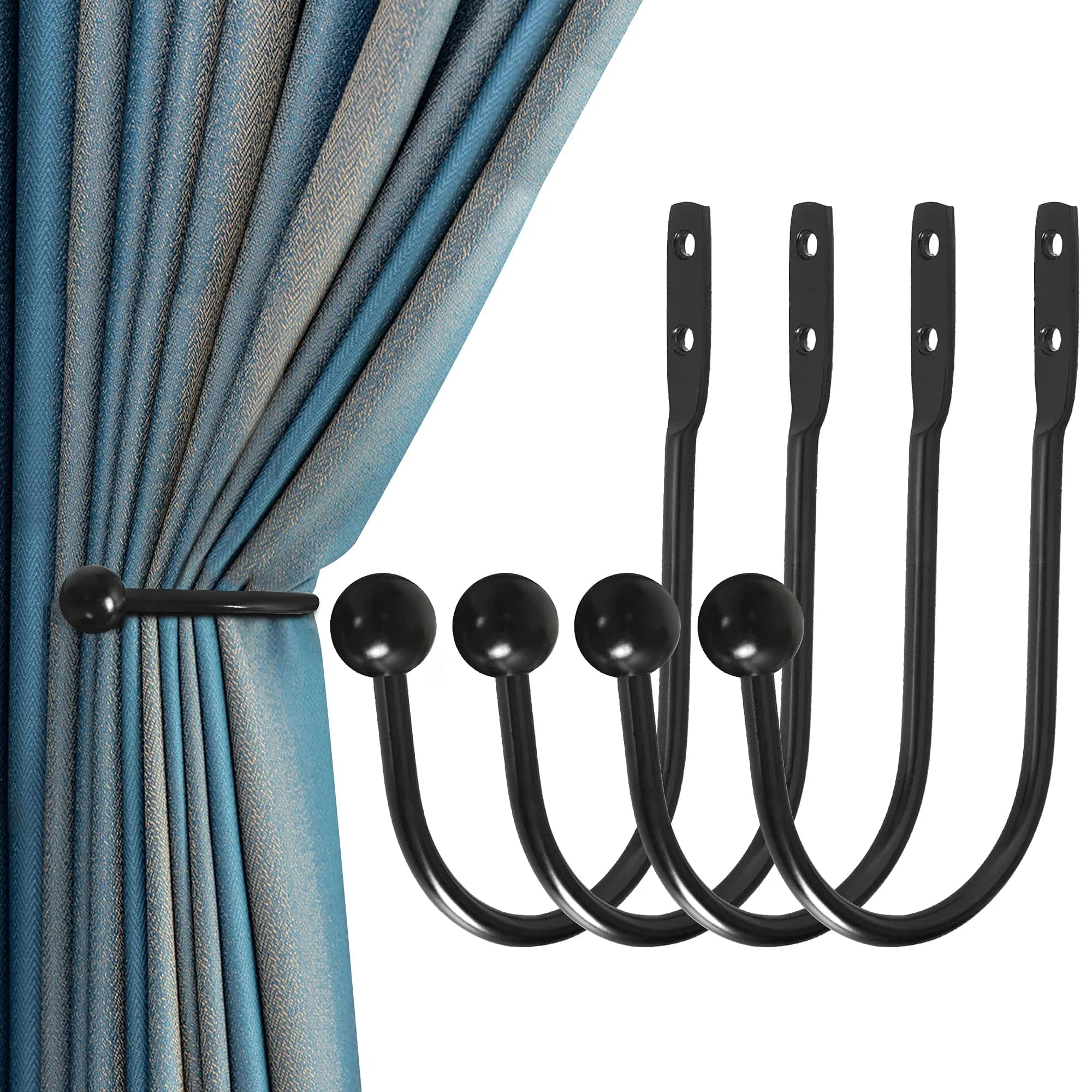 HEMOUR Black Curtain Holdback 4 Pcs | Heavy Duty Metal Wall Mounted Drapery Tiebacks