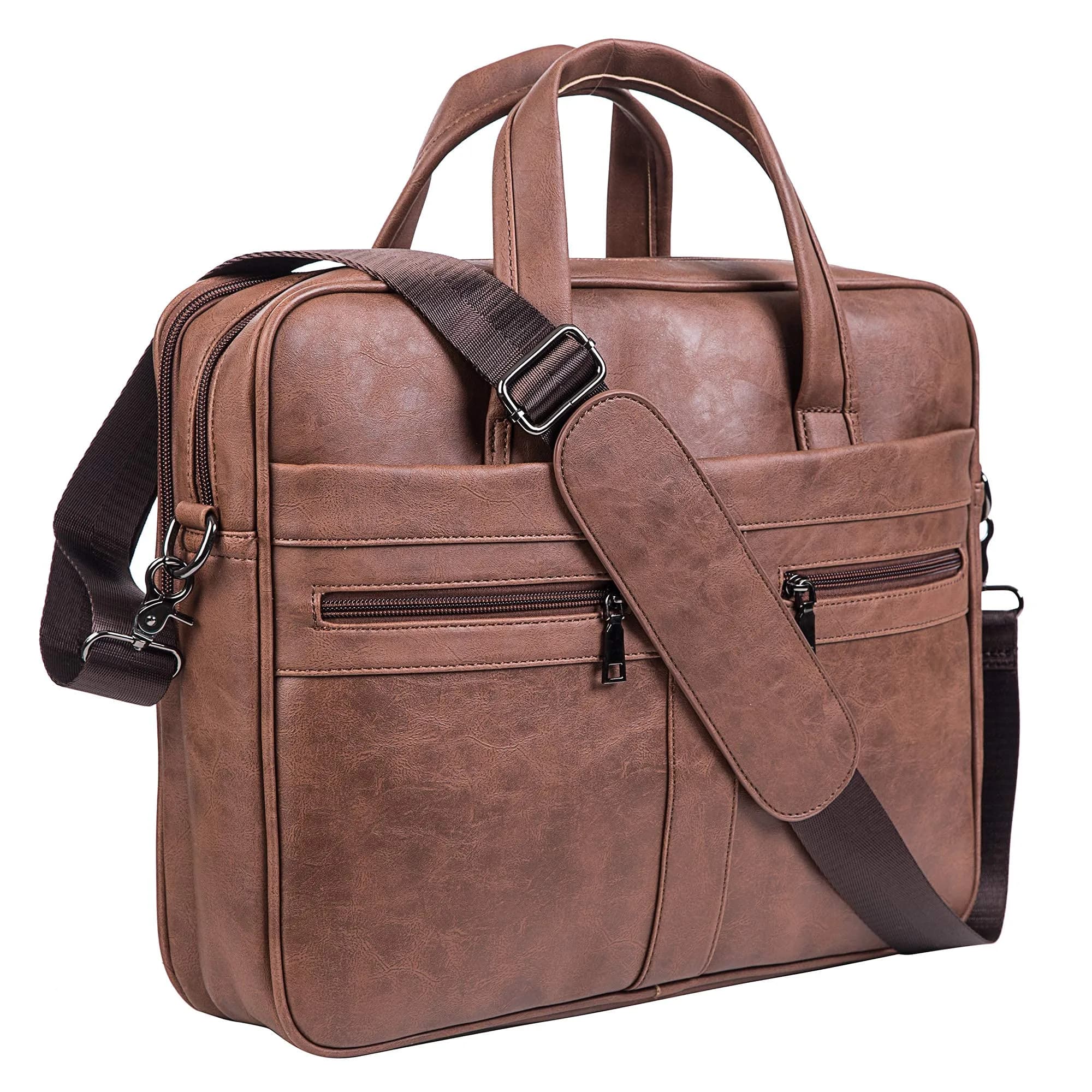 seyfocnia Men's 17.3 Inch Laptop Messenger Bag | Brown PU Leather Business Satchel with 9 Pockets — 17.3inch
