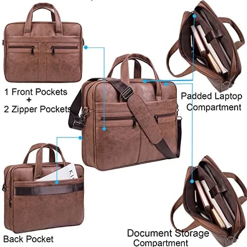 seyfocnia Men's 17.3 Inch Laptop Messenger Bag | Brown PU Leather Business Satchel with 9 Pockets thumbnail 4