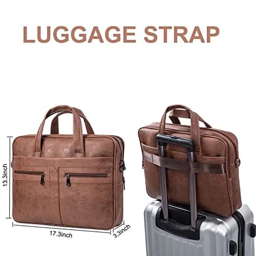 seyfocnia Men's 17.3 Inch Laptop Messenger Bag | Brown PU Leather Business Satchel with 9 Pockets thumbnail 6