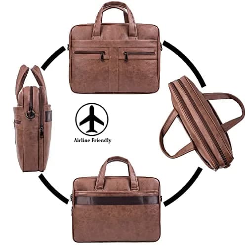 seyfocnia Men's 17.3 Inch Laptop Messenger Bag | Brown PU Leather Business Satchel with 9 Pockets thumbnail 7