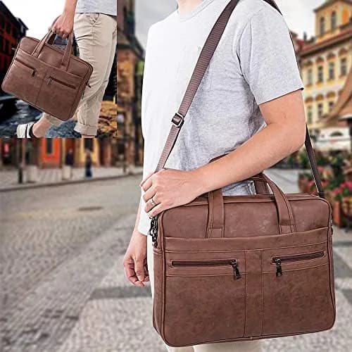 seyfocnia Men's 17.3 Inch Laptop Messenger Bag | Brown PU Leather Business Satchel with 9 Pockets thumbnail 2
