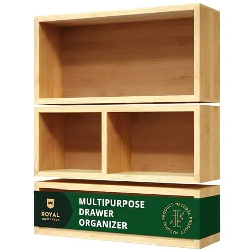 ROYAL CRAFT WOOD Luxury Bamboo Drawer Organizer Storage Box, Bin Set - Multi-Use Drawer Organizer for Kitchen, Bathroom, Office Desk, Makeup, Jewelry (3 Boxes) thumbnail 1