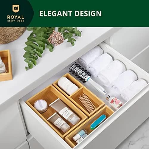 ROYAL CRAFT WOOD Luxury Bamboo Drawer Organizer Storage Box, Bin Set - Multi-Use Drawer Organizer for Kitchen, Bathroom, Office Desk, Makeup, Jewelry (3 Boxes) thumbnail 4
