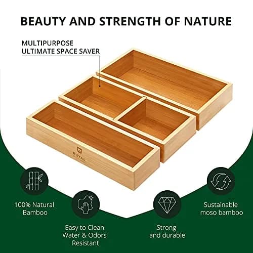 ROYAL CRAFT WOOD Luxury Bamboo Drawer Organizer Storage Box, Bin Set - Multi-Use Drawer Organizer for Kitchen, Bathroom, Office Desk, Makeup, Jewelry (3 Boxes) thumbnail 5