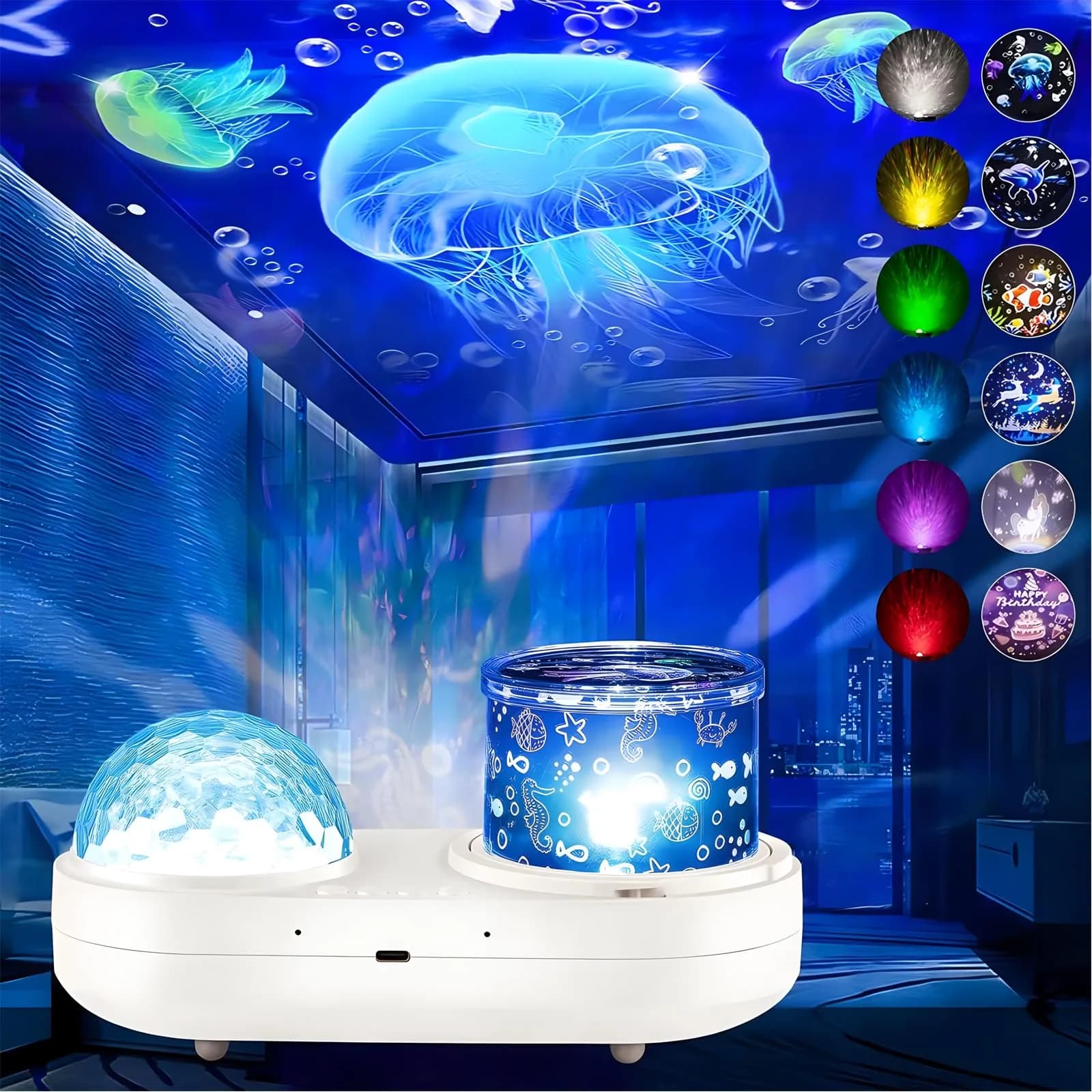 ONXE Ocean Kids Night Light Projector with 7 Films & Timer | 360° Rotating Jellyfish Lamp — Azul