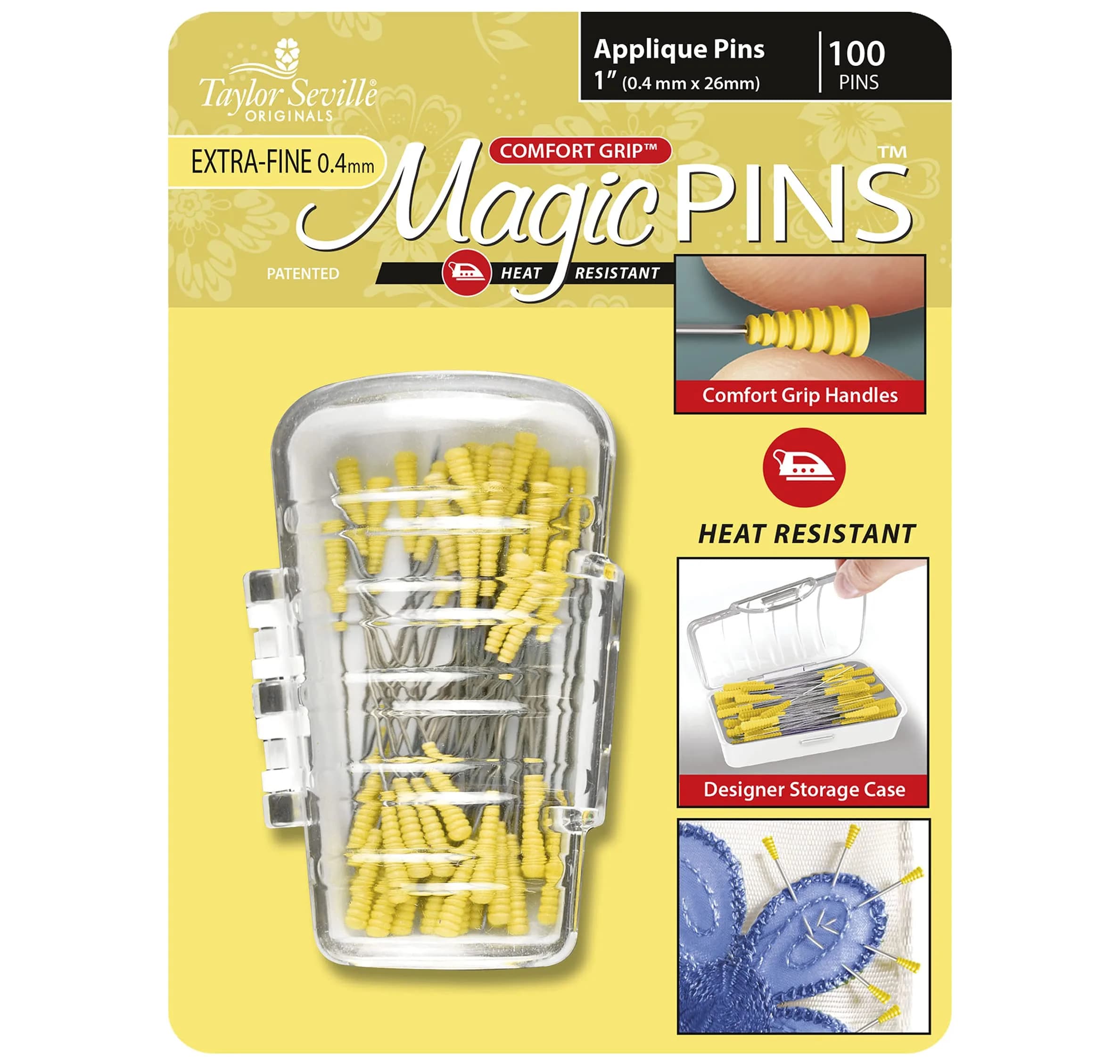 Taylor Seville Magic Pins Applique Extra Fine 100pc | Precision Sewing & Quilting Pins with Comfort Grip