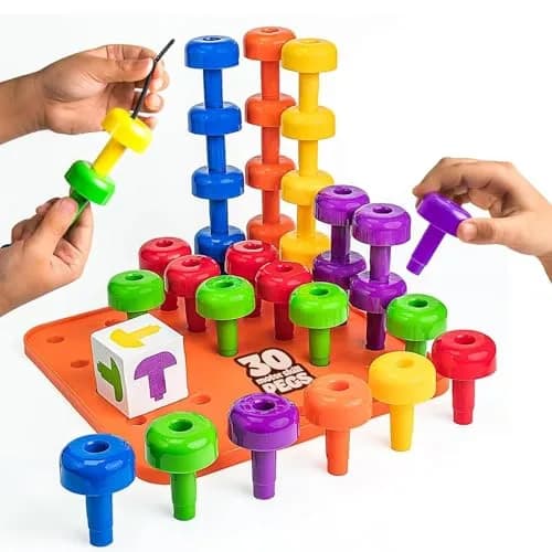 Skoolzy Peg Board Set Montessori 33 Pc Plastic Pegs Dice Lacing | Educational STEM Toy for Kids 2+ Years thumbnail 1