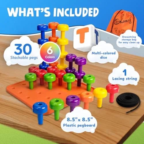 Skoolzy Peg Board Set Montessori 33 Pc Plastic Pegs Dice Lacing | Educational STEM Toy for Kids 2+ Years thumbnail 9