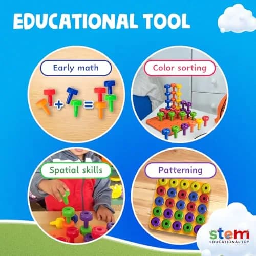 Skoolzy Peg Board Set Montessori 33 Pc Plastic Pegs Dice Lacing | Educational STEM Toy for Kids 2+ Years thumbnail 4