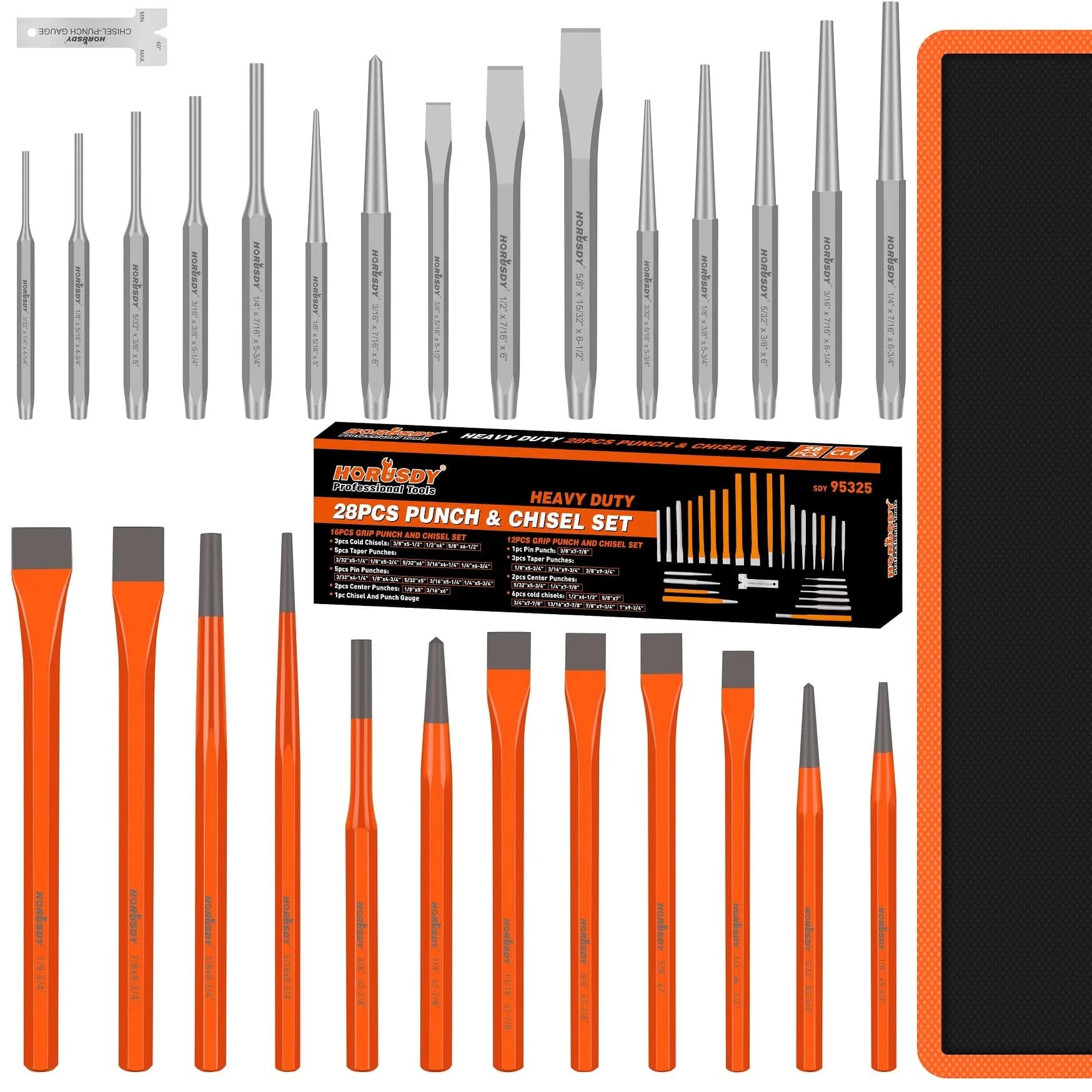 HORUSDY 28-Piece Heavy Duty Punch and Chisel Set | Chrome Vanadium Steel, 28 Tools, Storage Bag