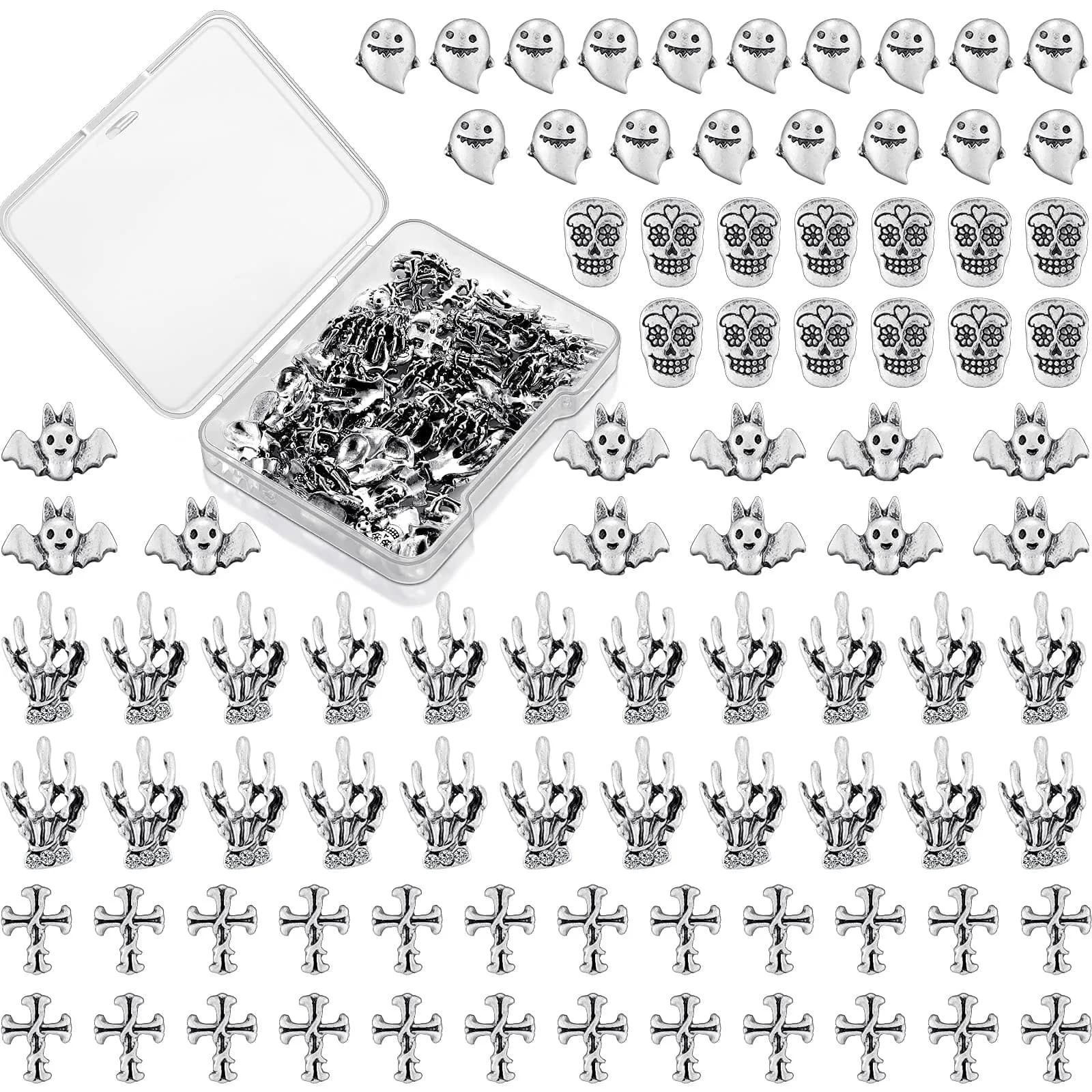 Leelosp 100 Pcs Halloween 3D Nail Charm, Retro Silver | Skull, Ghost, Bat, Skeleton Hands