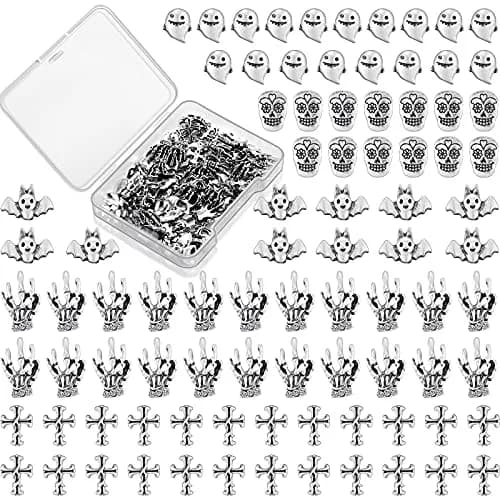 Leelosp 100 Pcs Halloween 3D Nail Charm, Retro Silver | Skull, Ghost, Bat, Skeleton Hands thumbnail 1