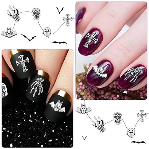 Leelosp 100 Pcs Halloween 3D Nail Charm, Retro Silver | Skull, Ghost, Bat, Skeleton Hands thumbnail 4