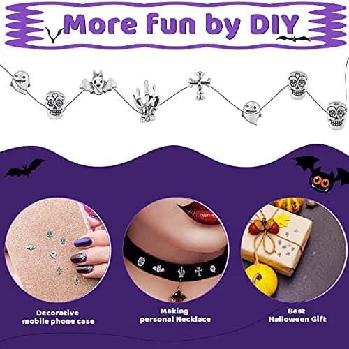 Leelosp 100 Pcs Halloween 3D Nail Charm, Retro Silver | Skull, Ghost, Bat, Skeleton Hands thumbnail 5