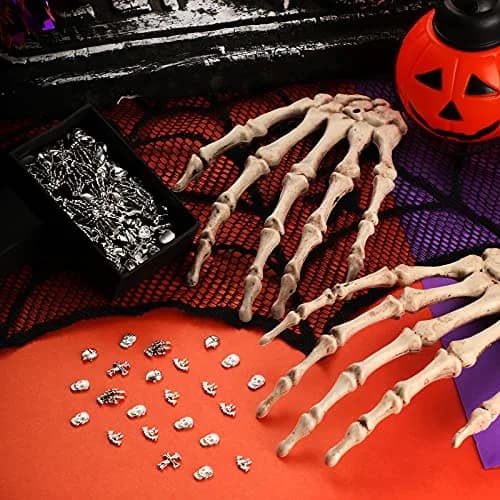 Leelosp 100 Pcs Halloween 3D Nail Charm, Retro Silver | Skull, Ghost, Bat, Skeleton Hands thumbnail 6