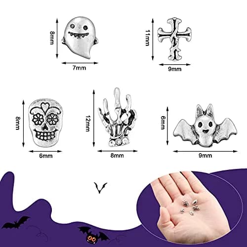 Leelosp 100 Pcs Halloween 3D Nail Charm, Retro Silver | Skull, Ghost, Bat, Skeleton Hands thumbnail 7