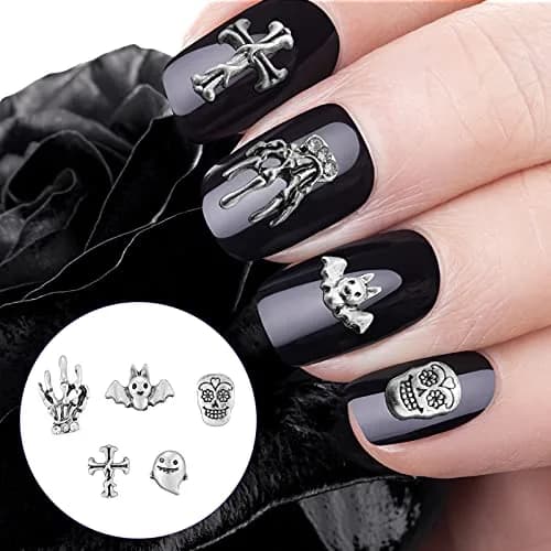 Leelosp 100 Pcs Halloween 3D Nail Charm, Retro Silver | Skull, Ghost, Bat, Skeleton Hands thumbnail 3