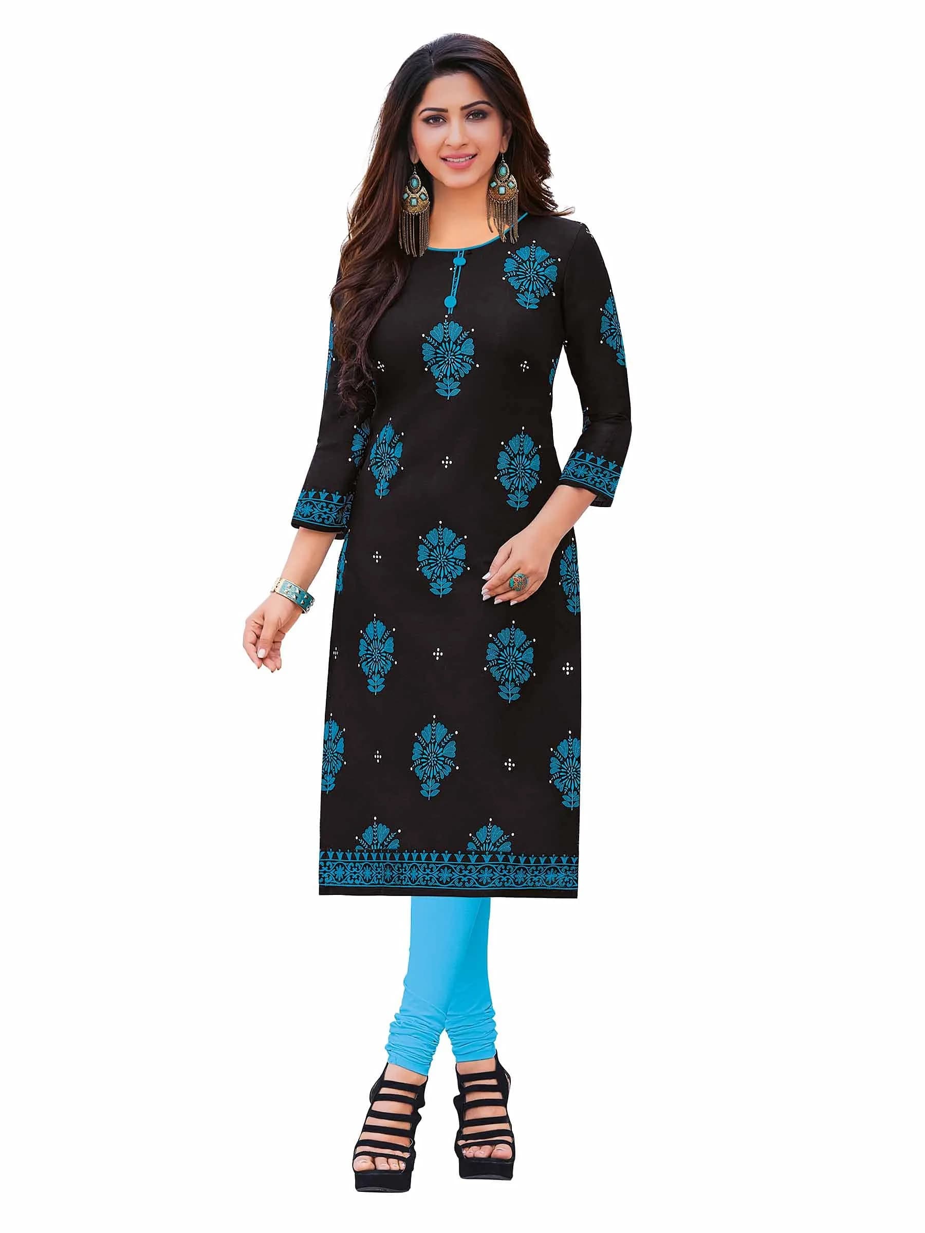 Miraan Women's Cotton Printed Kurti XX-Large Black | Knee Length 3/4 Sleeve — XX-Large