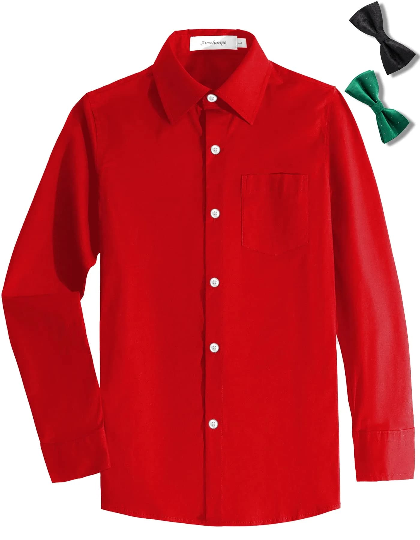 Aimehonpe Kids Boys Button Down Dress Shirt Long Sleeve Poplin Red 5-6 Years | Breathable Cotton with Bow Tie