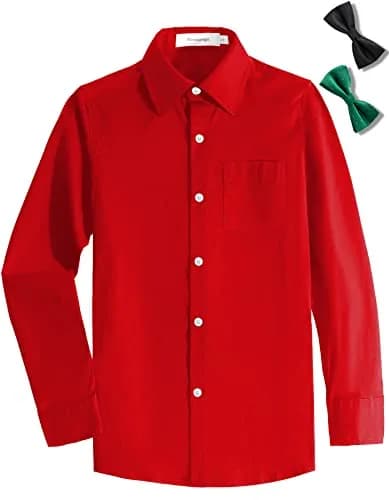 Aimehonpe Kids Boys Button Down Dress Shirt Long Sleeve Poplin Red 5-6 Years | Breathable Cotton with Bow Tie thumbnail 1
