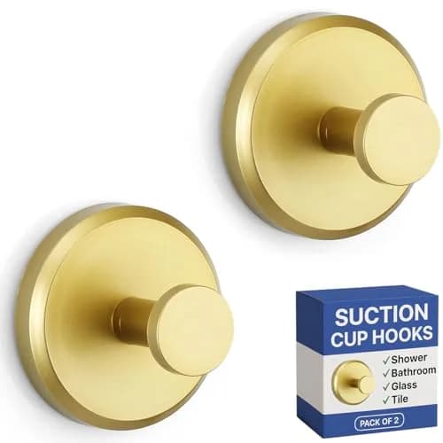 HOME SO Suction Cup Hooks for Shower & Bathroom Towel Holder 2-Pack Brushed Gold | Heavy Duty Vacuum Grip for Tile & Glass thumbnail 1