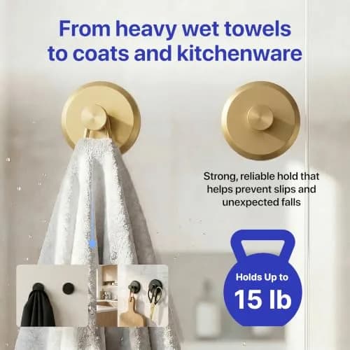 HOME SO Suction Cup Hooks for Shower & Bathroom Towel Holder 2-Pack Brushed Gold | Heavy Duty Vacuum Grip for Tile & Glass thumbnail 4