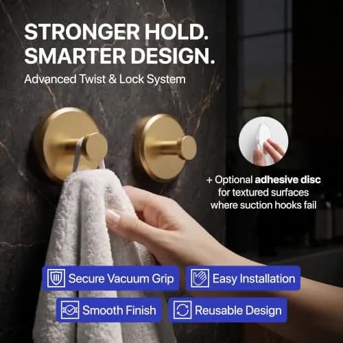 HOME SO Suction Cup Hooks for Shower & Bathroom Towel Holder 2-Pack Brushed Gold | Heavy Duty Vacuum Grip for Tile & Glass thumbnail 2