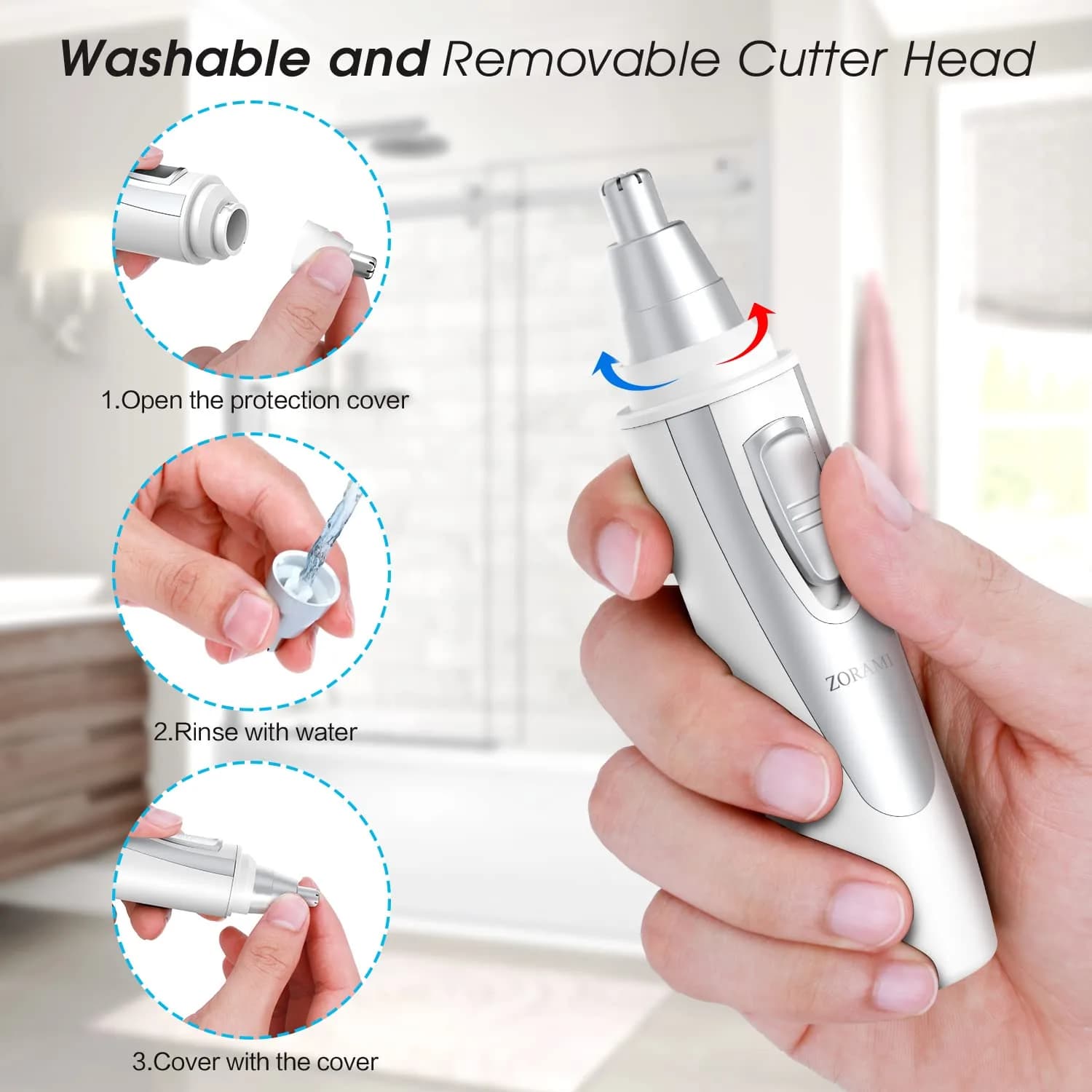 ZORAMI Ear and Nose Hair Trimmer for Men & Women - Battery Operated, IPX7 Waterproof, Dual Edge Blades, White - view 5