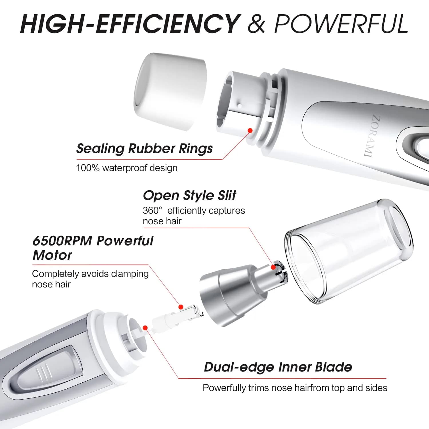 ZORAMI Ear and Nose Hair Trimmer for Men & Women - Battery Operated, IPX7 Waterproof, Dual Edge Blades, White - view 4