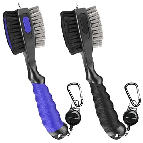 THIODOON Golf Club Brush and Groove Cleaner 2 Pack with 2 ft Retractable Zipline Carabiner, Oversized Brush Head, Black & Blue thumbnail 1
