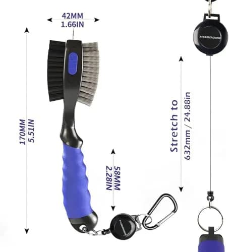 THIODOON Golf Club Brush and Groove Cleaner 2 Pack with 2 ft Retractable Zipline Carabiner, Oversized Brush Head, Black & Blue thumbnail 2