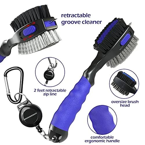 THIODOON Golf Club Brush and Groove Cleaner 2 Pack with 2 ft Retractable Zipline Carabiner, Oversized Brush Head, Black & Blue thumbnail 3