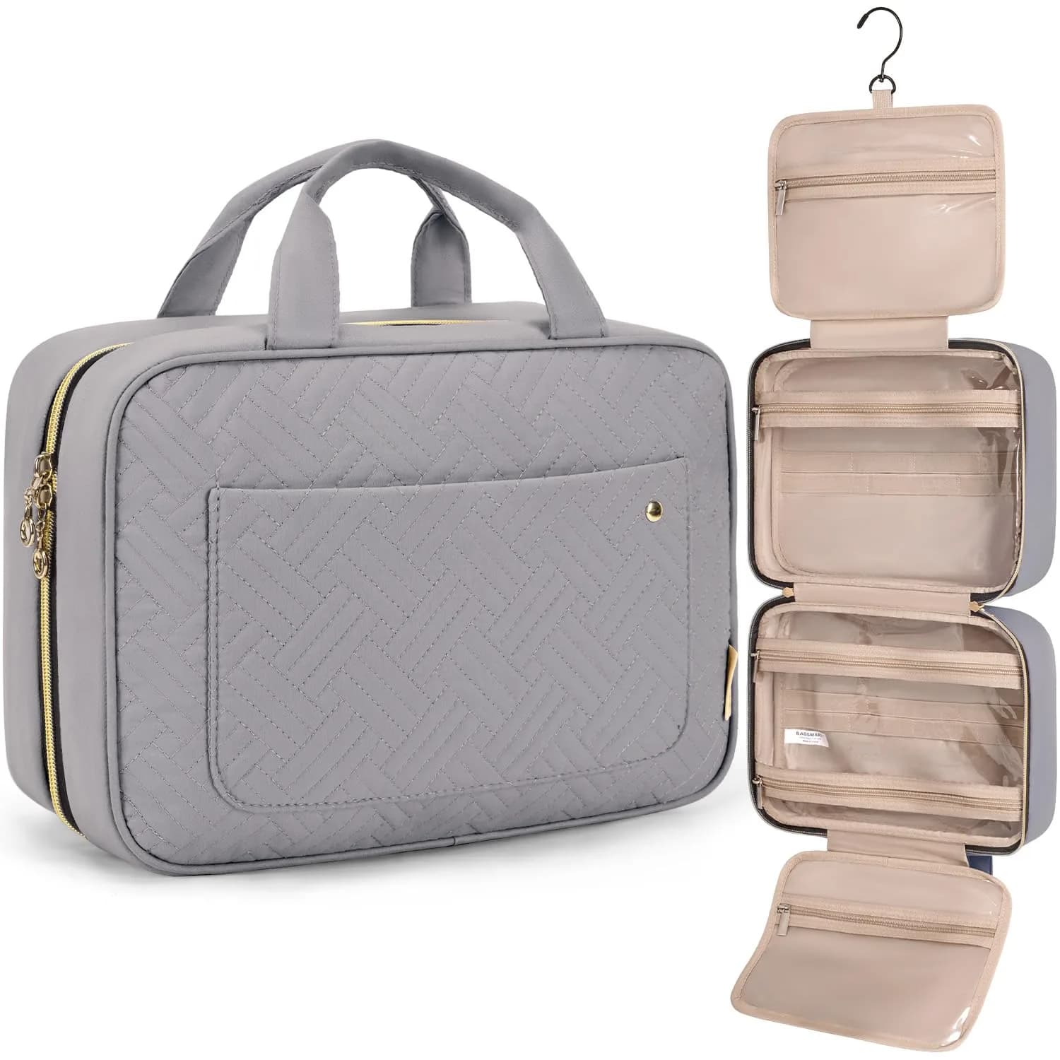 BAGSMART Water-Resistant Toiletry Bag with Hanging Hook, Large Grey Travel Organizer for Accessories & Full-Size Toiletries