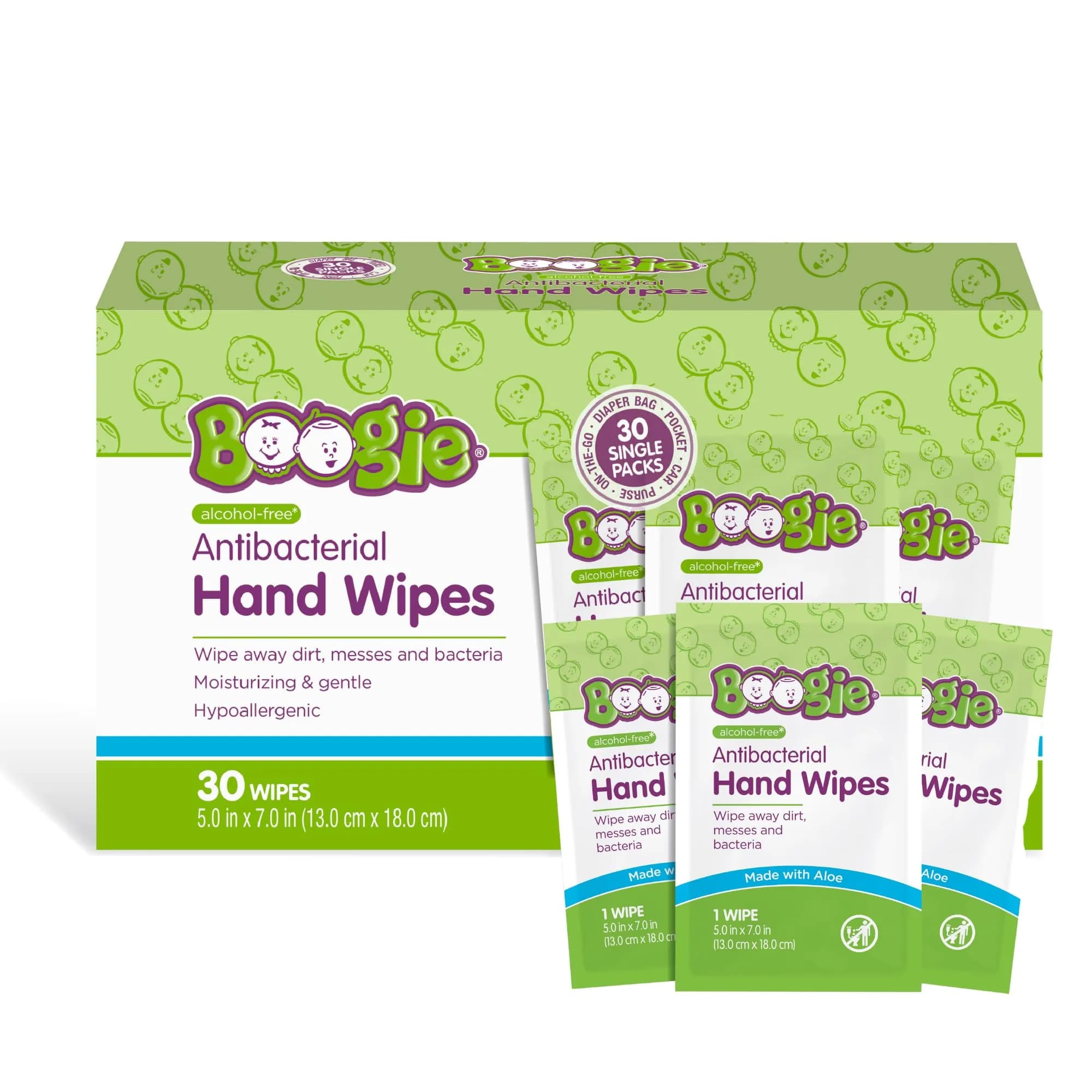 Boogie Antibacterial Hand Wipes 30 Count | Alcohol-Free, Hypoallergenic, Moisturizing for All Skin Types — Colorless