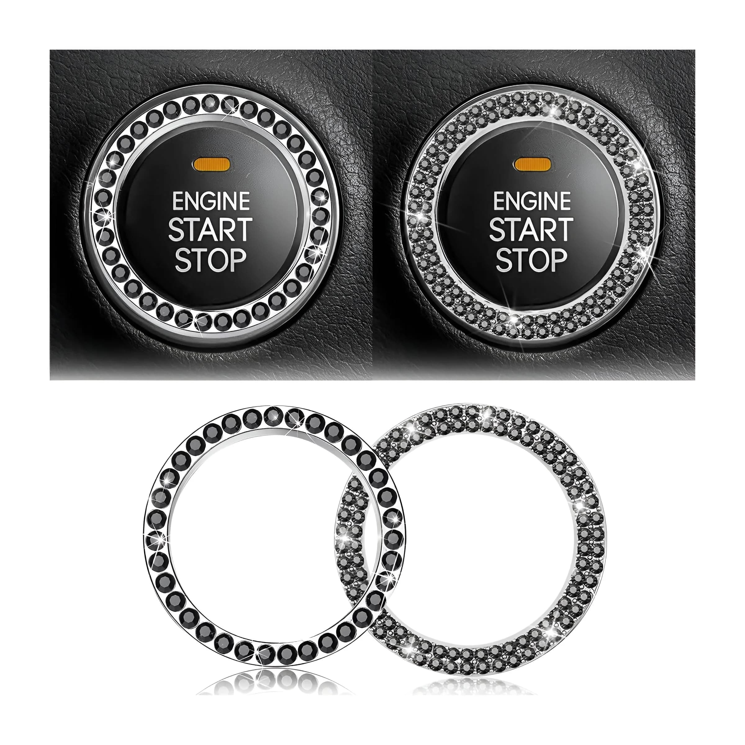 AUKEPO 2PCS Car Start Button Ring Stickers, Set Black | Bling Crystal Rhinestone Ignition Knob Trim