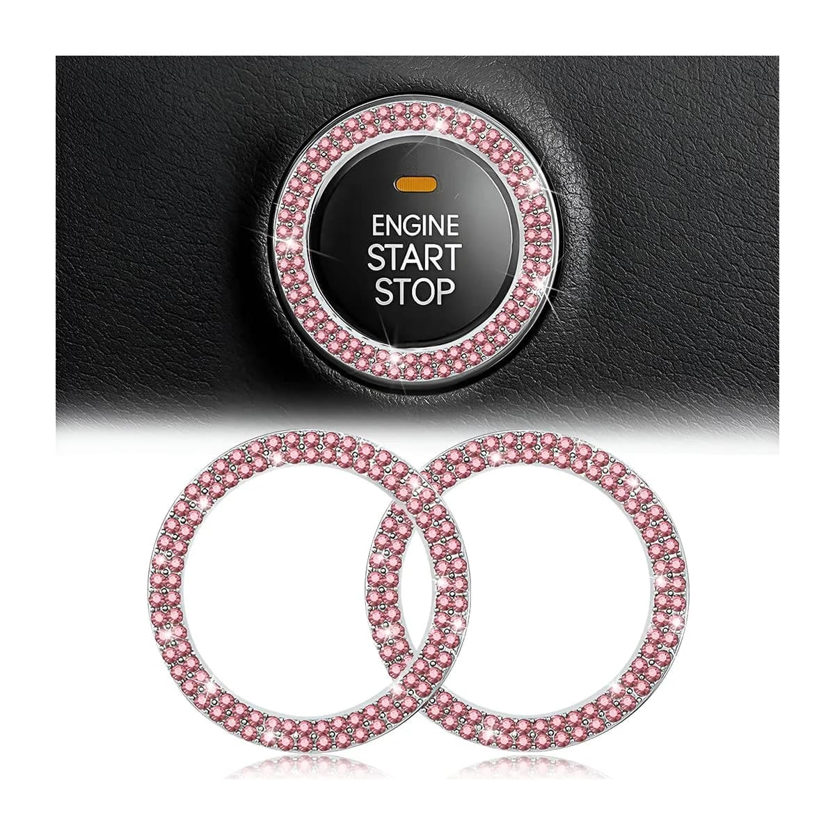 AUKEPO Double Pink 2PCS Car Start Button Ring Stickers | Bling Crystal Rhinestone Ignition Knob Trim - main product image