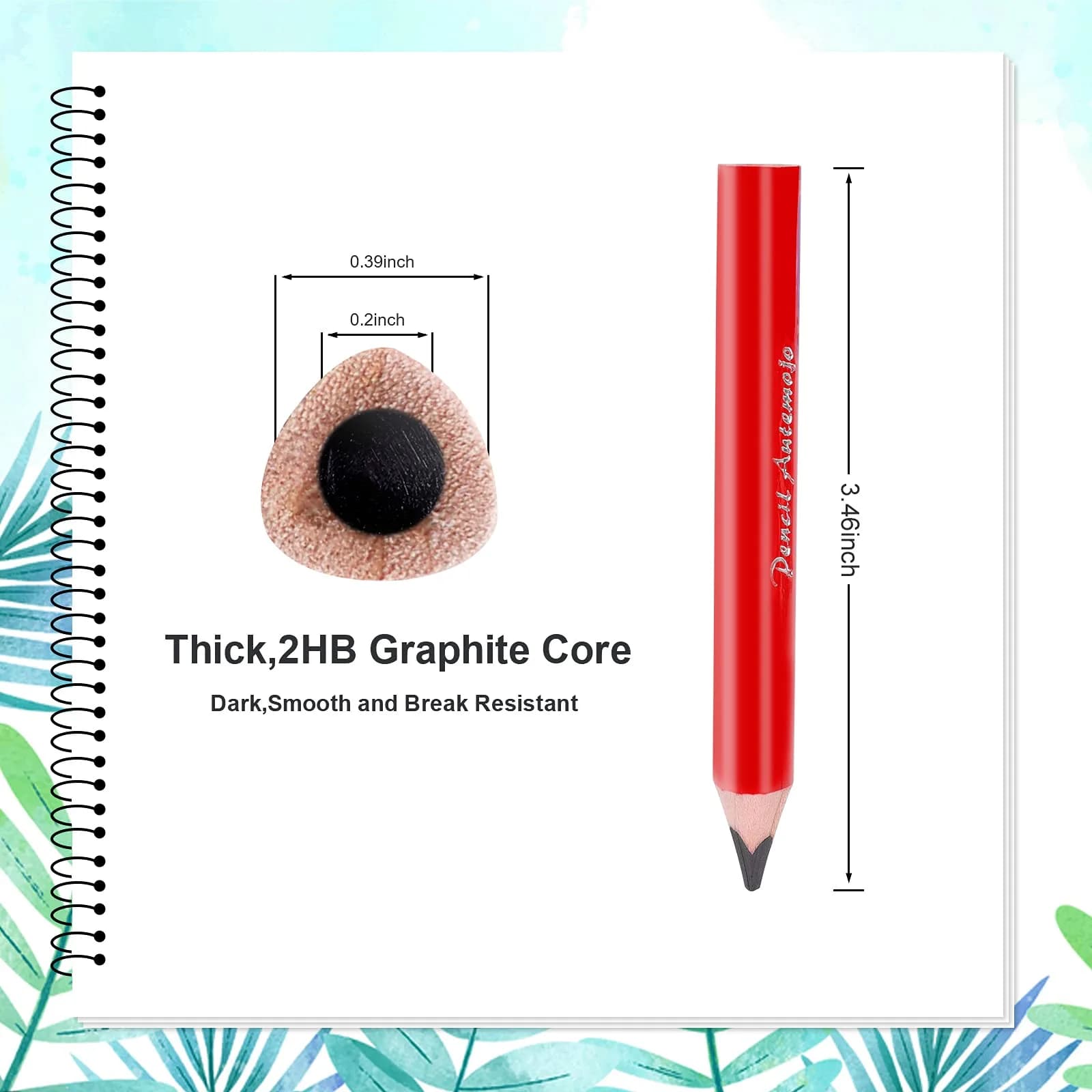 AUTEMOJO Triangular Thick Pencils 9mm (0.4 inch) | 8-Pack Red Pencils with Sharpener & Eraser - view 2