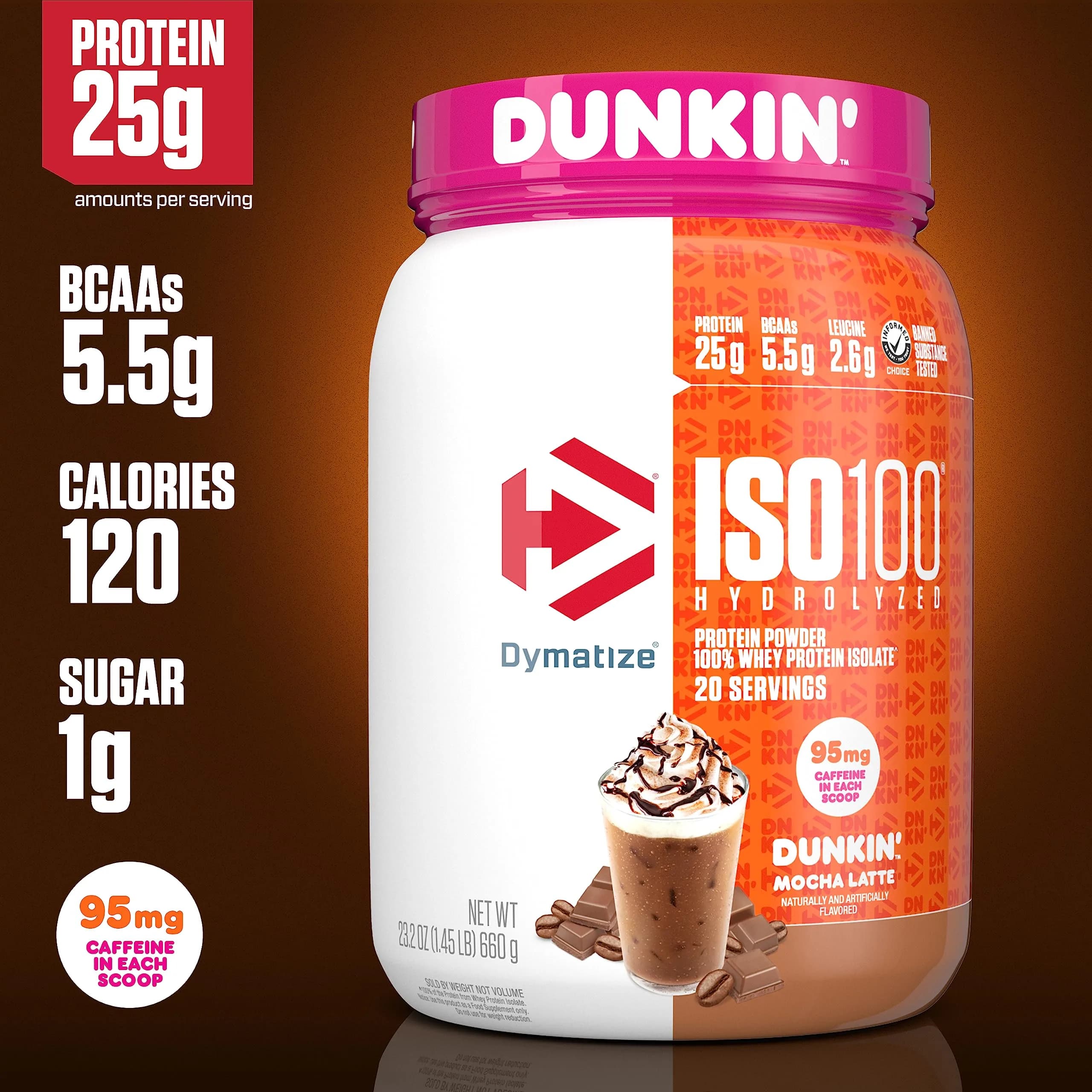 Dymatize ISO100 Protein Powder Mocha Latte 1.34 lb (612 g) | 25g Protein, 5.5g BCAAs, 95mg Caffeine - view 3