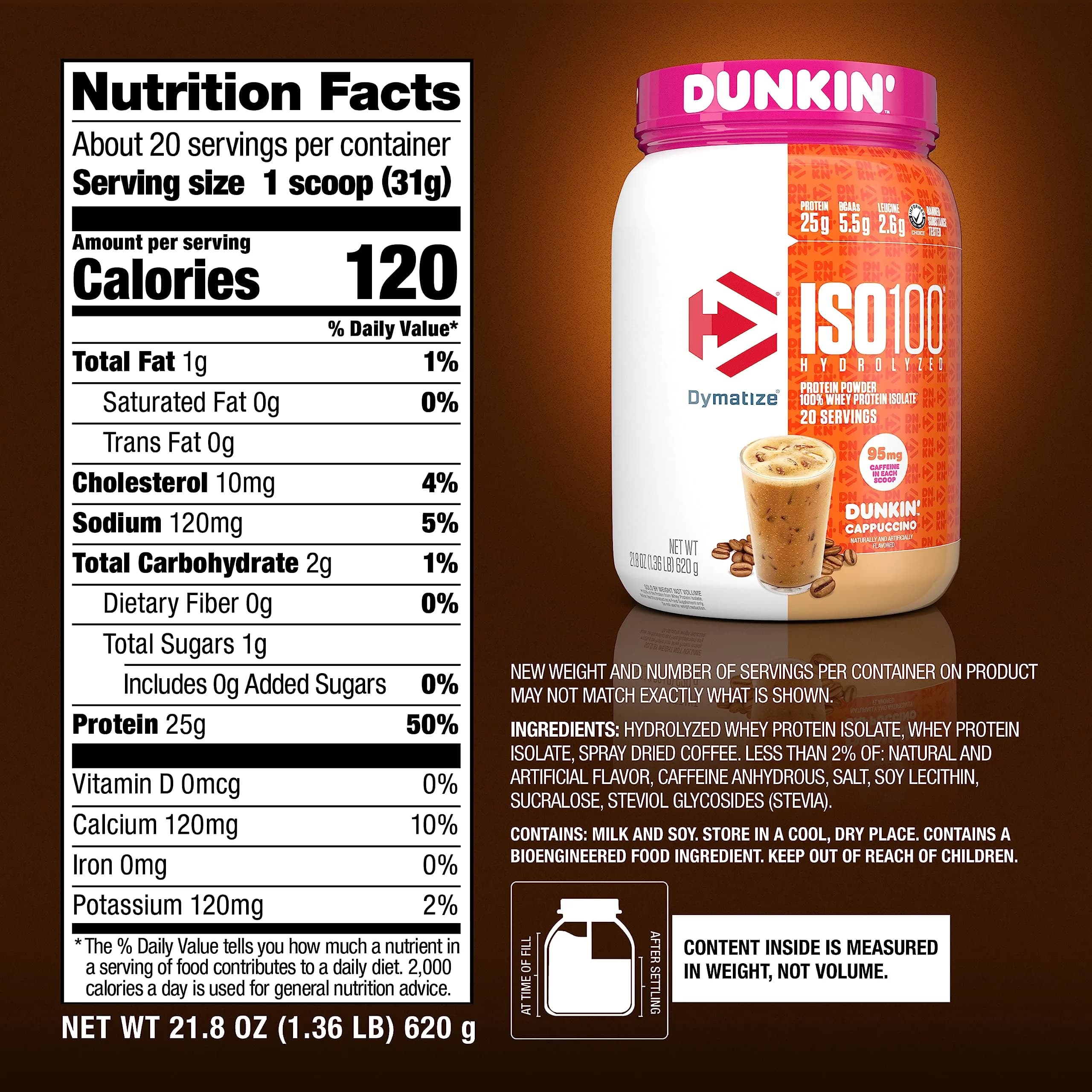 Dymatize ISO100 Protein Powder +Energy Cappuccino 609g (1.34 lb) | 25g Protein, 95mg Caffeine - view 5