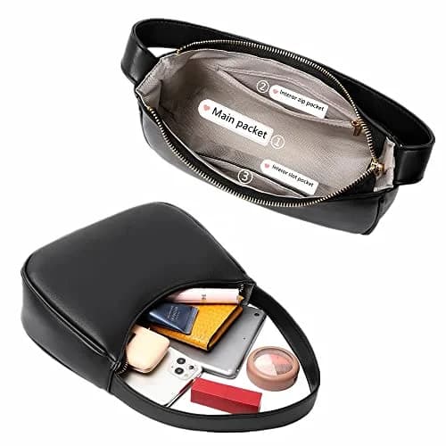 CYHTWSDJ Black Hobo Tote Handbag Mini Clutch Purse with Zipper Closure | Cute PU Leather Shoulder Bag for Women thumbnail 5