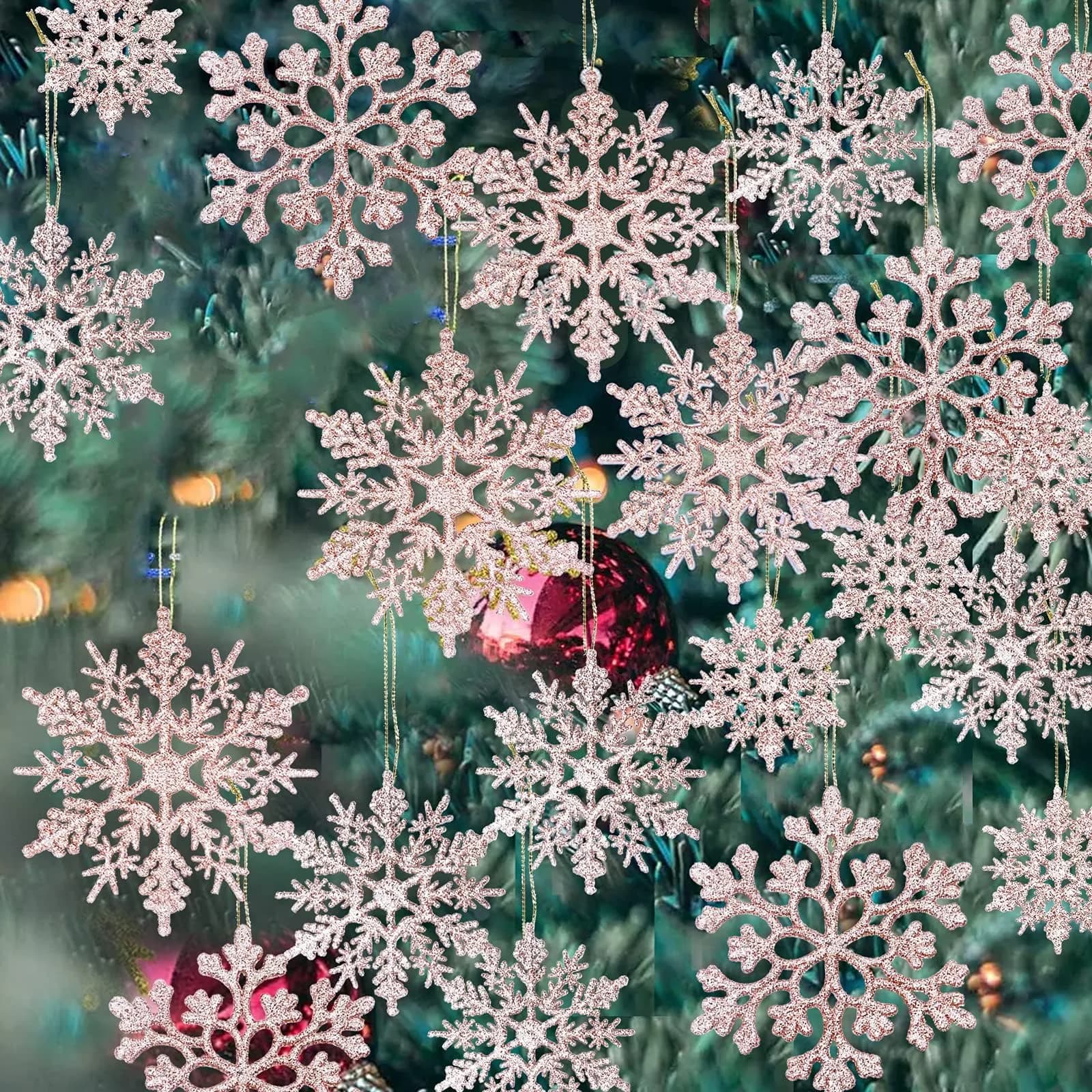 GuassLee 36 Pack Plastic Rose Gold Snowflake Ornaments | Winter Decorations for Christmas & Holiday Season — Rose Gold