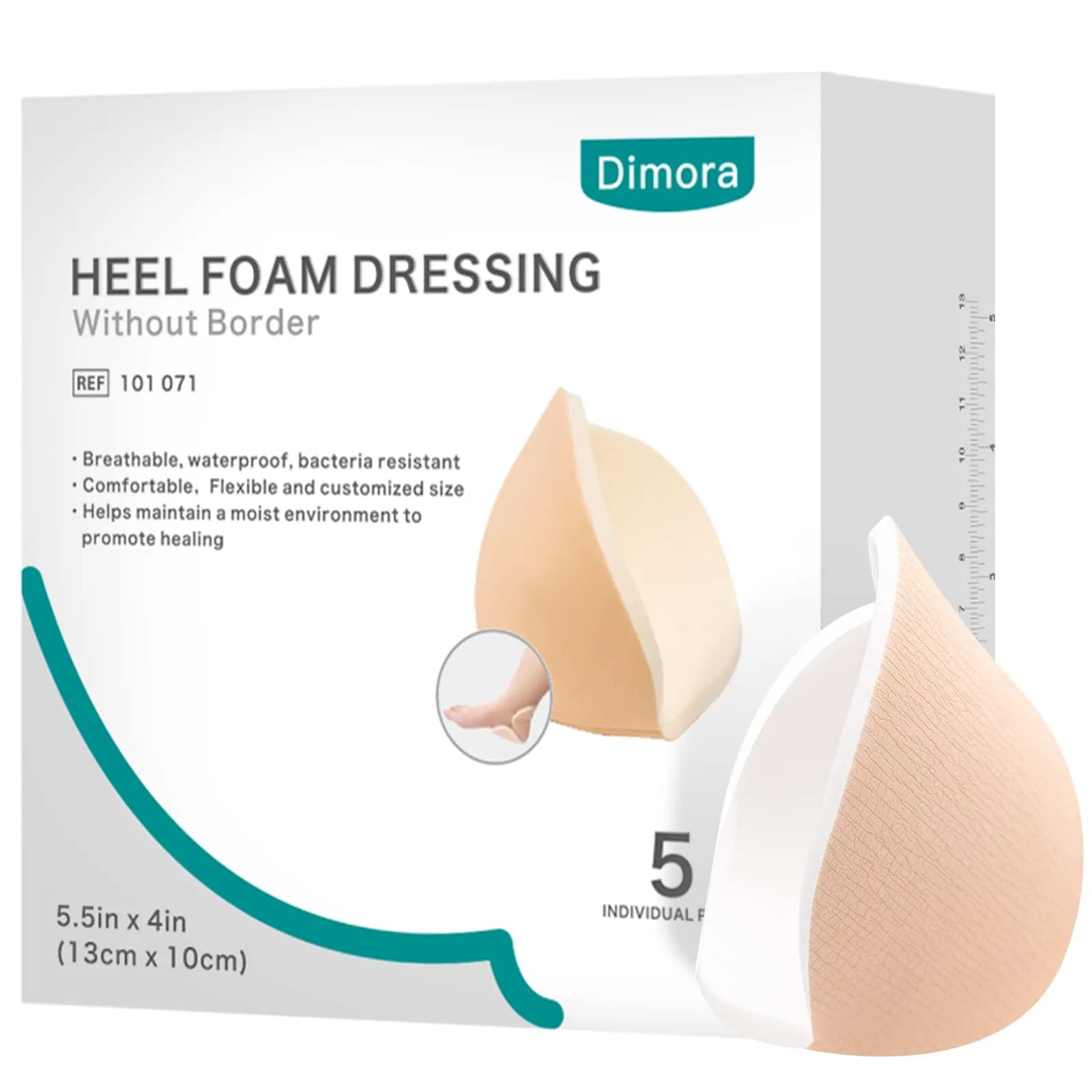 Dimora Heel Foam Dressing, Non-Adhesive Hydrophilic Pads 5.5x4 in Pack of 5 Waterproof for Wound Care