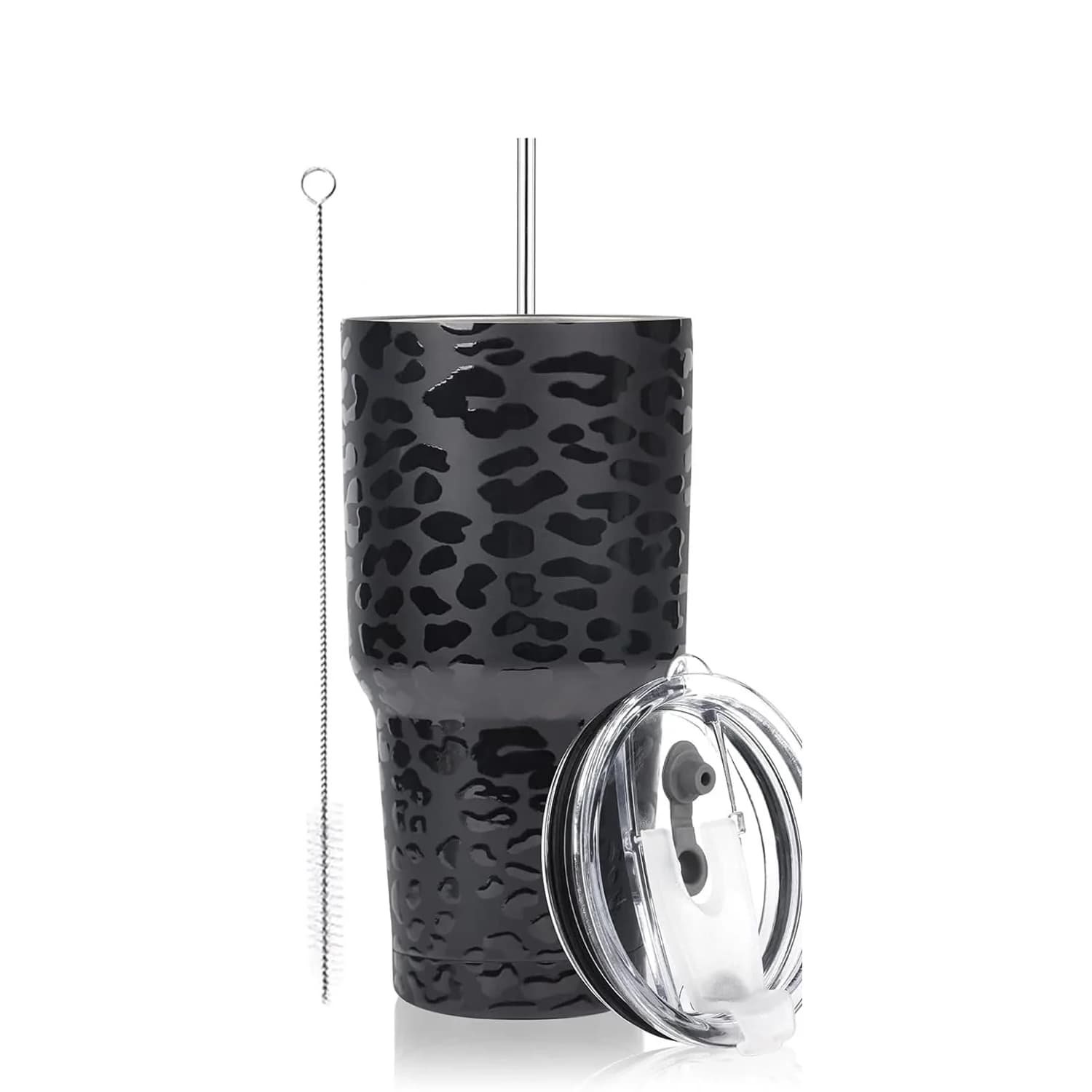 D·S Black 887ml (30 oz) Insulated Tumbler with Straw & Lid | Keeps Drinks Cold 24 Hrs — Black Leopard