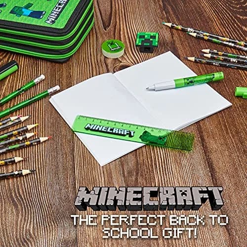 Minecraft Kids Pencil Case Stationery Set with Notebook, Colored Pencils, Pens, Ruler, Eraser, Sharpener & More | Green Mob thumbnail 4