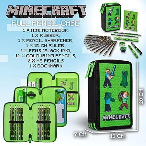 Minecraft Kids Pencil Case Stationery Set with Notebook, Colored Pencils, Pens, Ruler, Eraser, Sharpener & More | Green Mob thumbnail 6