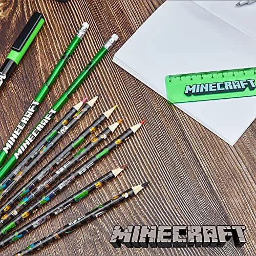 Minecraft Kids Pencil Case Stationery Set with Notebook, Colored Pencils, Pens, Ruler, Eraser, Sharpener & More | Green Mob thumbnail 7